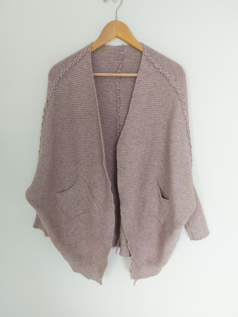 Ribbed Braided Back Cocoon Cardigan Mauve Pink Batwing Pocket OS
